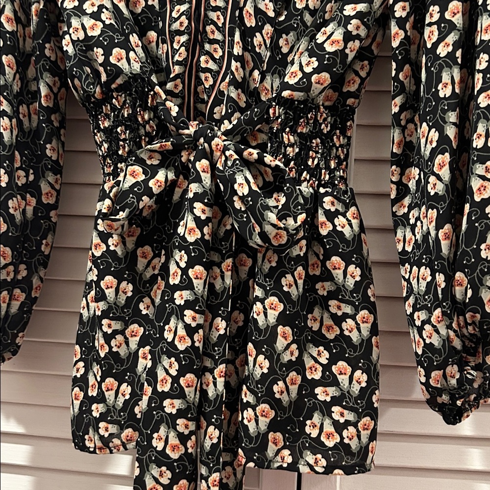 Max Studio Black Floral Blouse with Cream and Peach Flowers